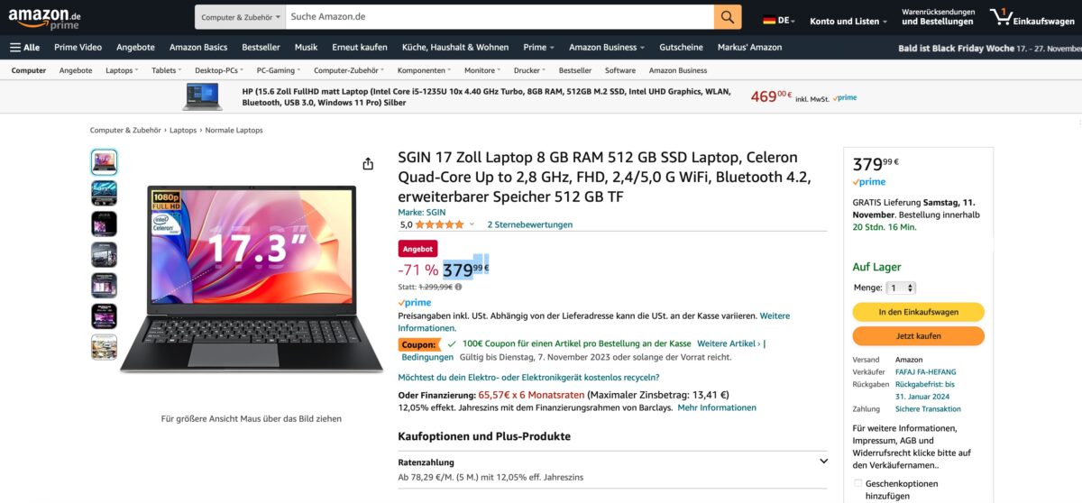 Der SGIN M17-Laptop als Amazon-Schnäppchen für unter 300 Euro. 